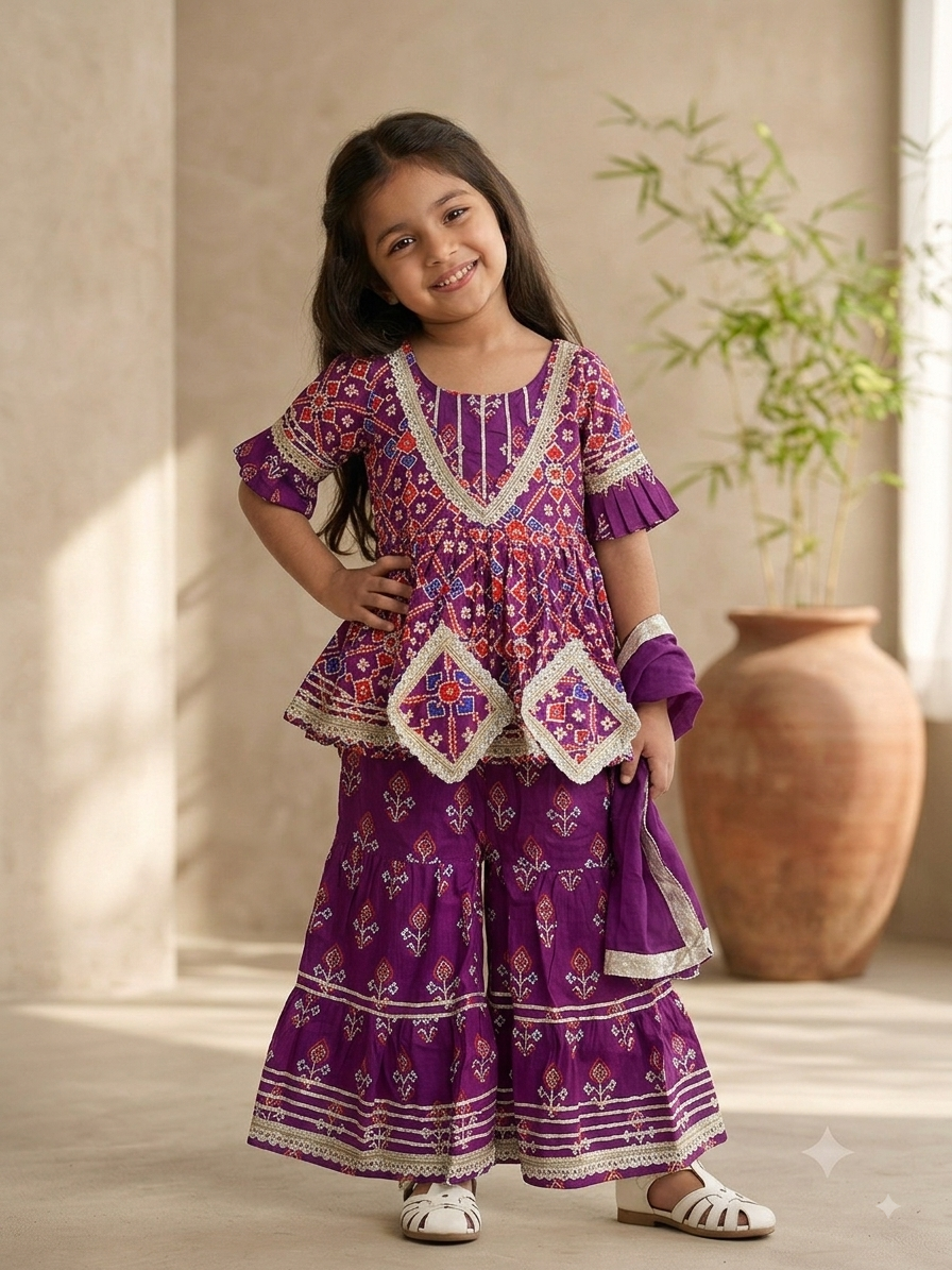 Royal Purple Patola Pure Cotton Sharara Suit Set for Girls