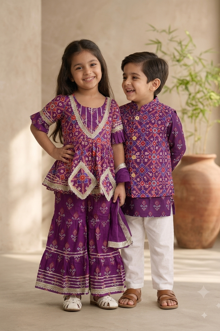 Royal Purple Patola Pure Cotton Sharara Suit Set for Girls