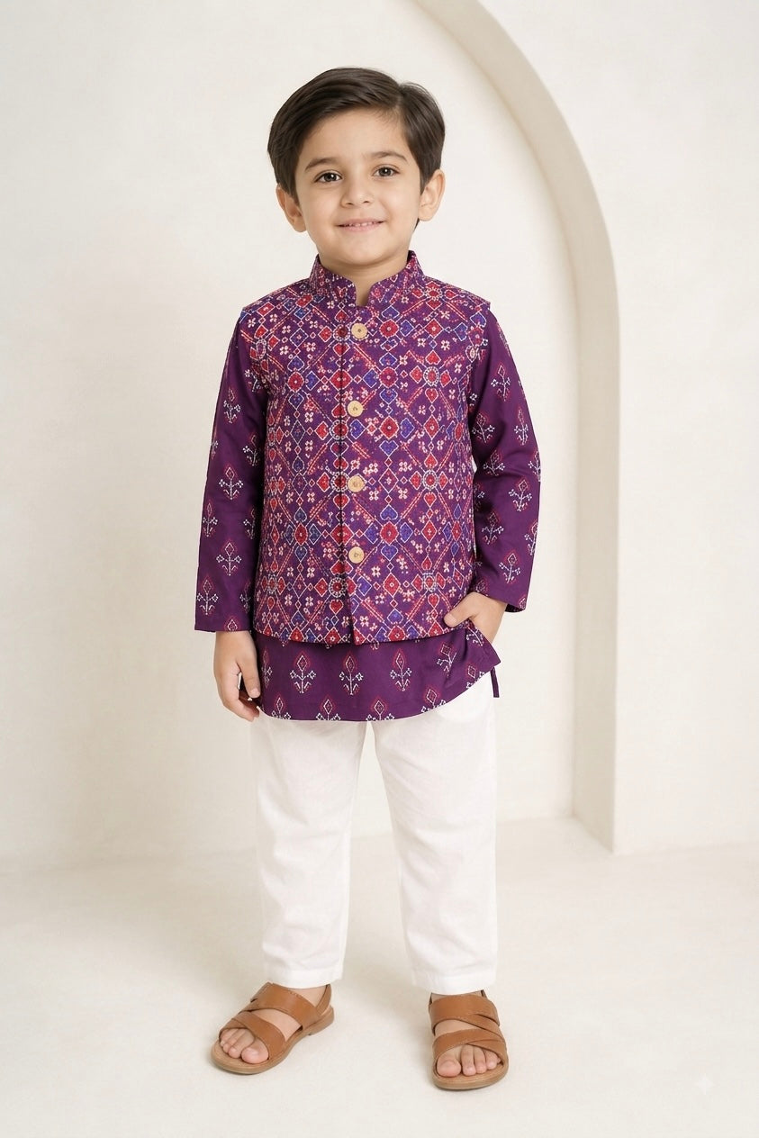 Boys Royal Purple Patola Cotton Kurta Pajama Set with Nehru Jacket