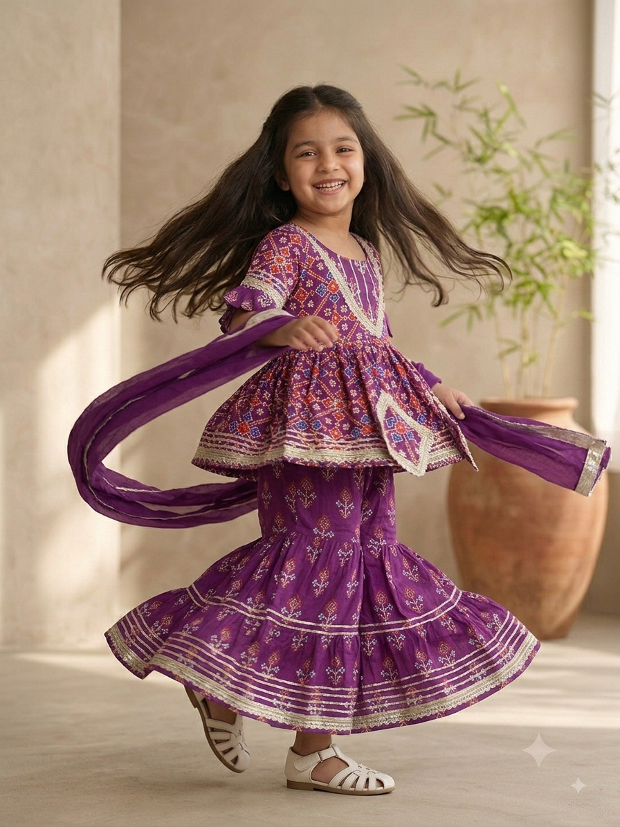 Royal Purple Patola Pure Cotton Sharara Suit Set for Girls