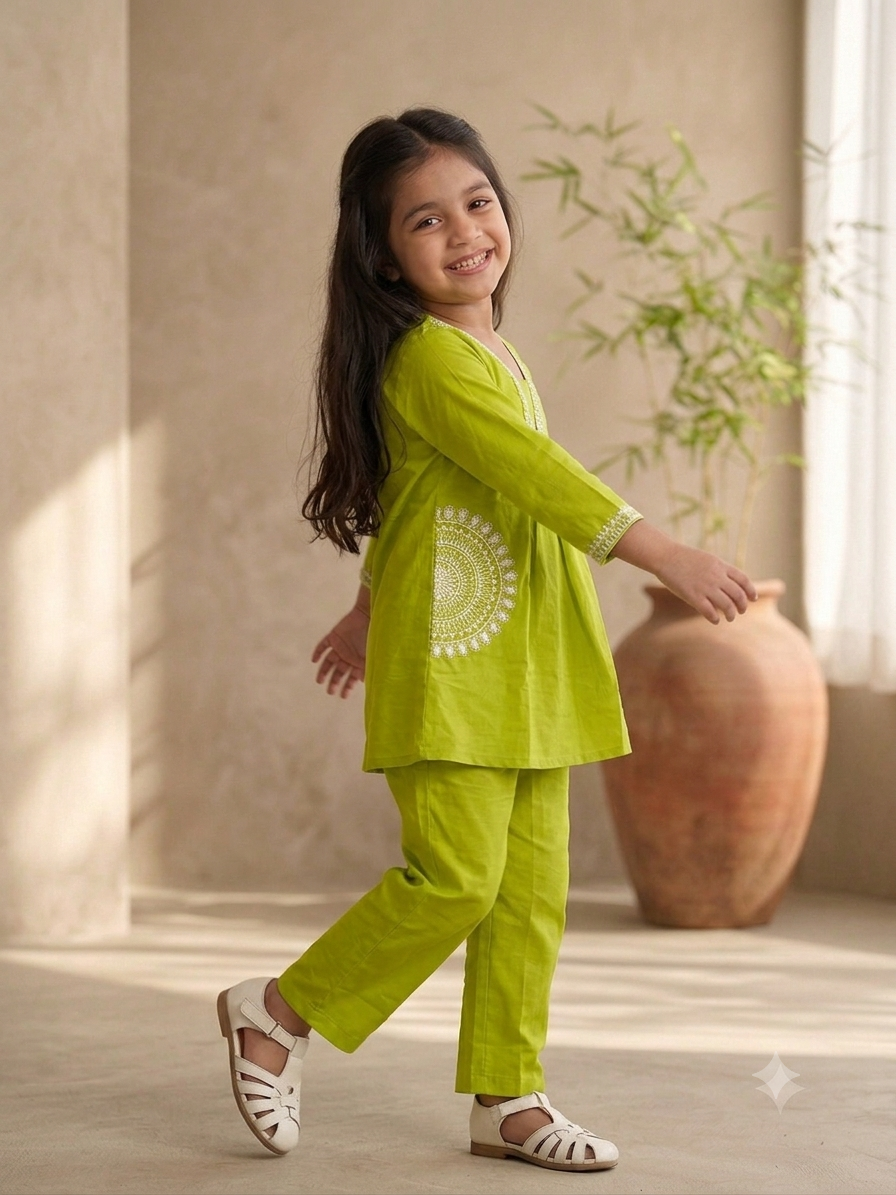 Girls Festive Lime Green Ethnic Co-Ord Set with White Detailing