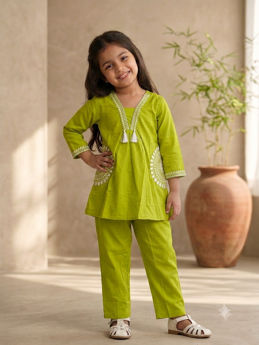 Girls Festive Lime Green Ethnic Co-Ord Set with White Detailing