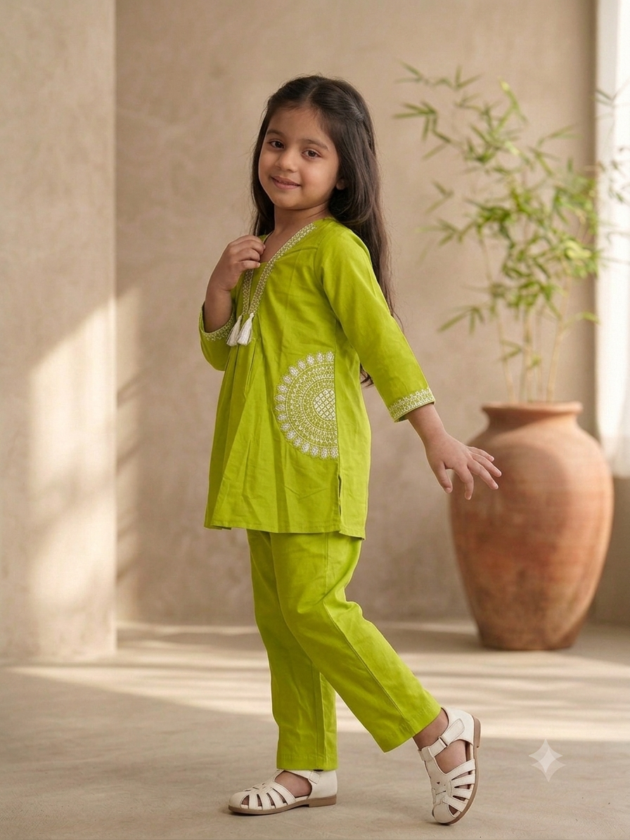 Girls Festive Lime Green Ethnic Co-Ord Set with White Detailing