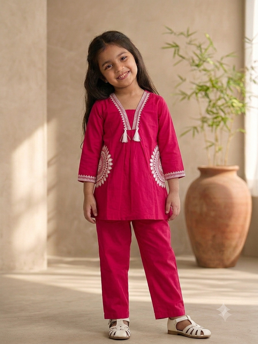 Girls Festive pink Ethnic Co-Ord Set with White Detailing