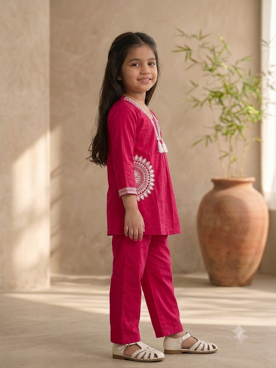 Girls Festive pink Ethnic Co-Ord Set with White Detailing