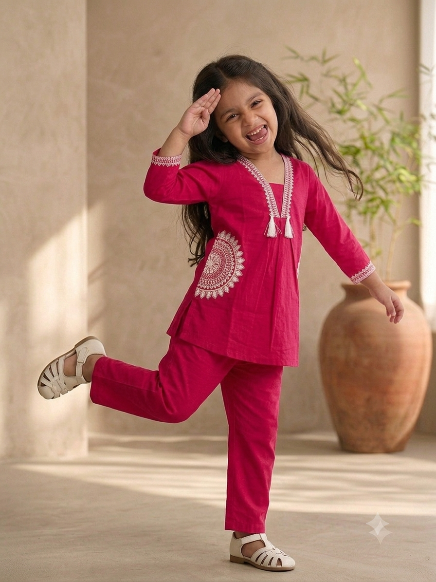 Girls Festive pink Ethnic Co-Ord Set with White Detailing