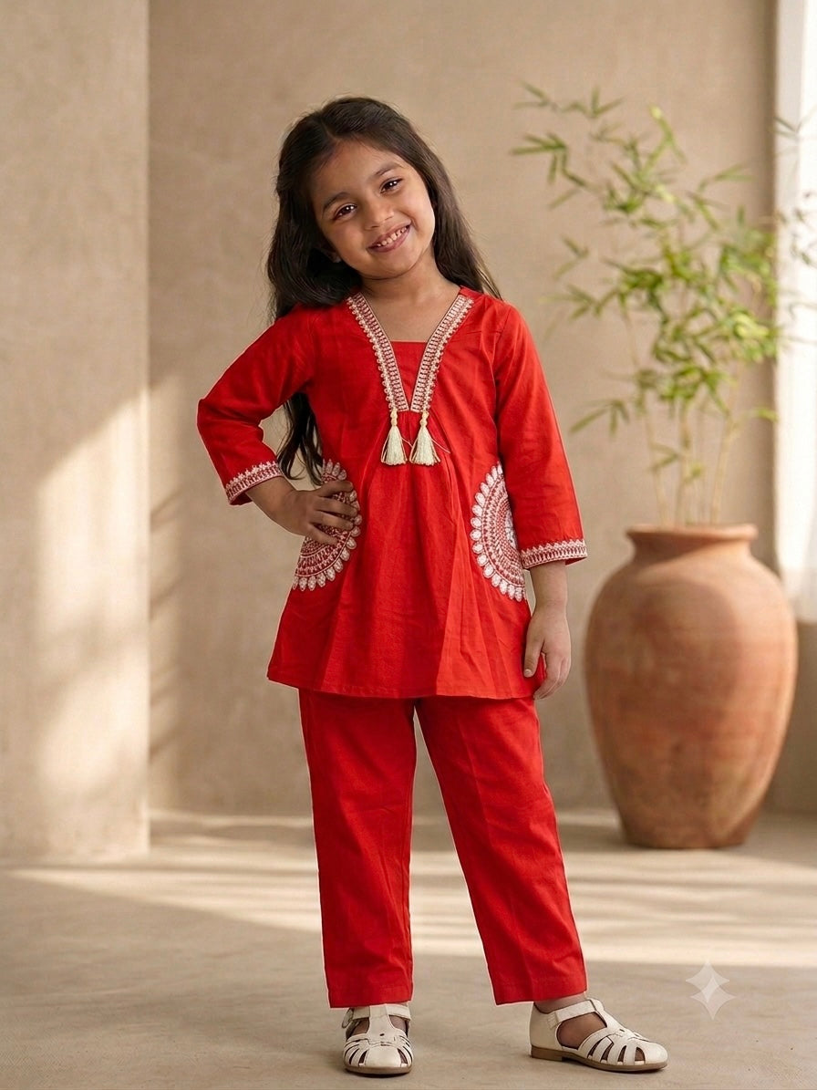 Girls Festive Red Ethnic Co-Ord Set with White Detailing