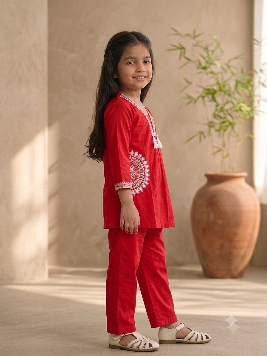 Girls Festive Red Ethnic Co-Ord Set with White Detailing