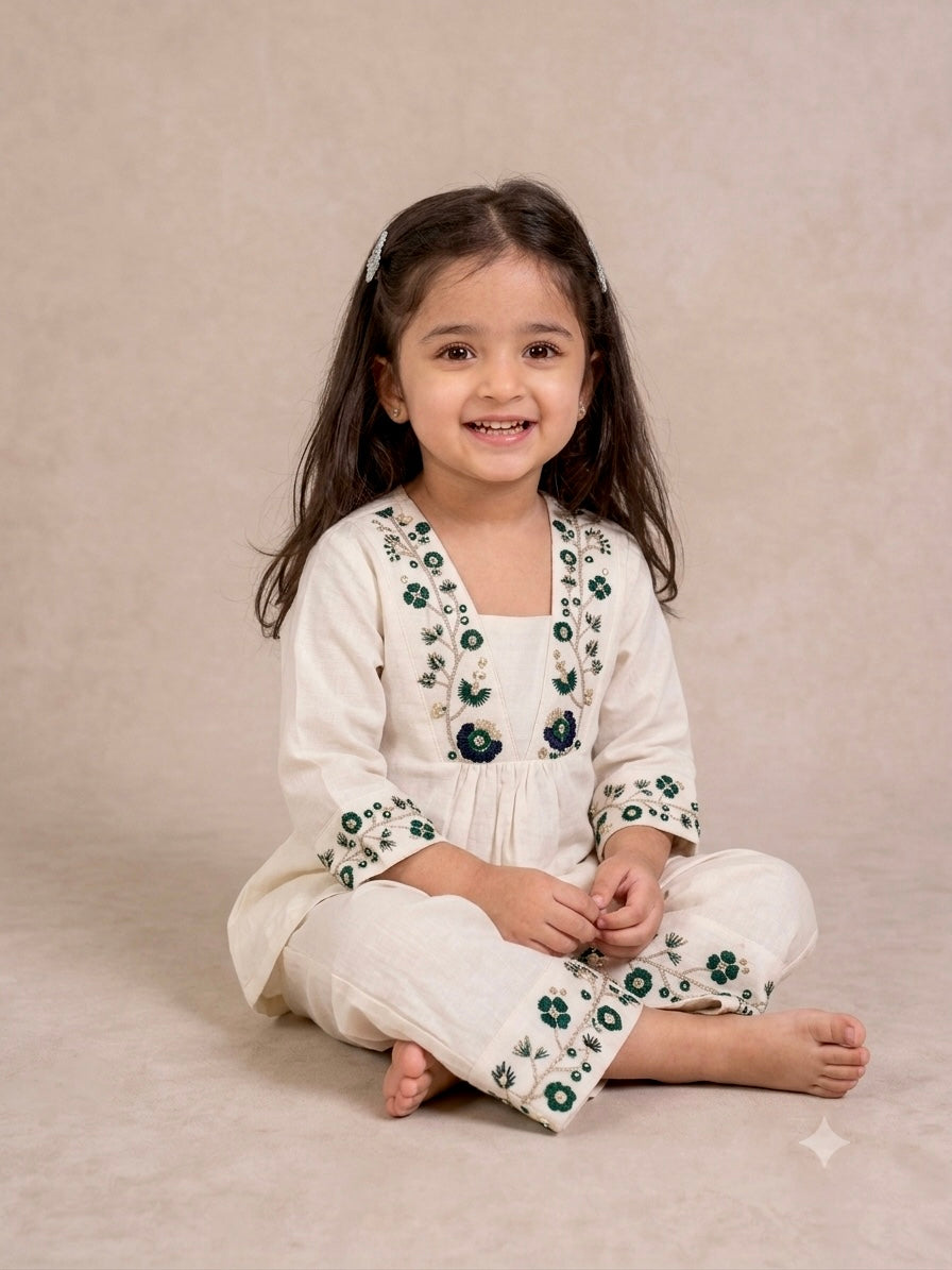 Girls Festive Wear Ivory Cotton Ethnic Tunic and Bottoms