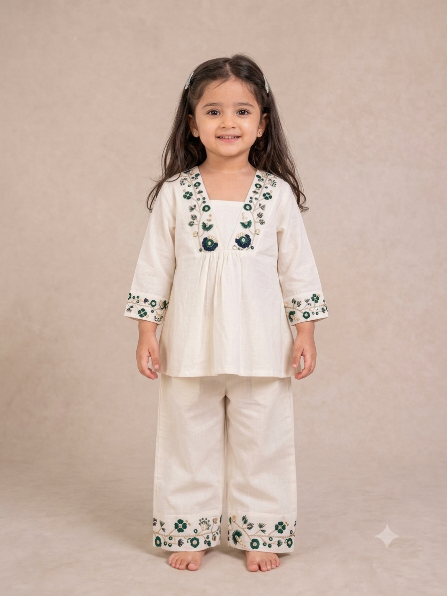 Girls Festive Wear Ivory Cotton Ethnic Tunic and Bottoms