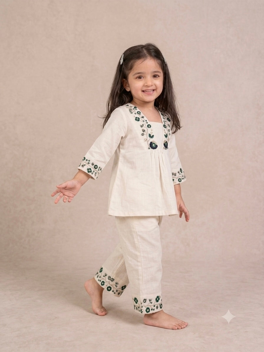 Girls Festive Wear Ivory Cotton Ethnic Tunic and Bottoms