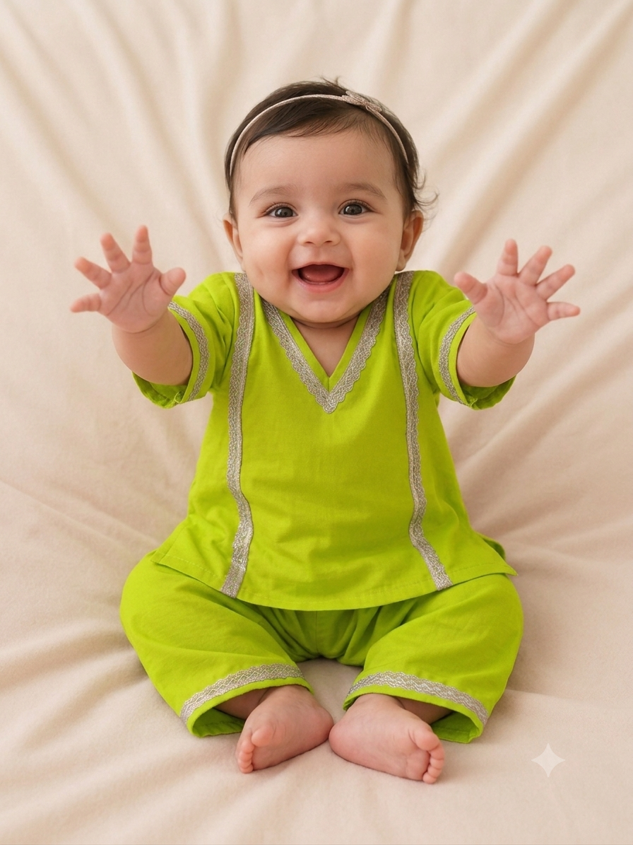 Lime Green Blossom Pure Cotton Kurta & Pants