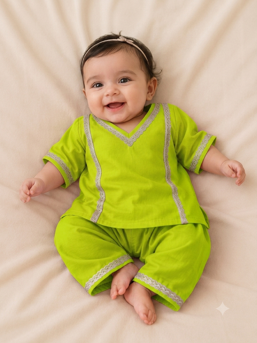 Lime Green Blossom Pure Cotton Kurta & Pants
