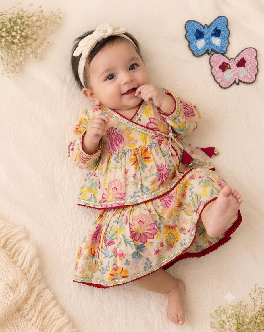 Pure Cotton Floral Print Angrakha Peplum with Ghaghra Set