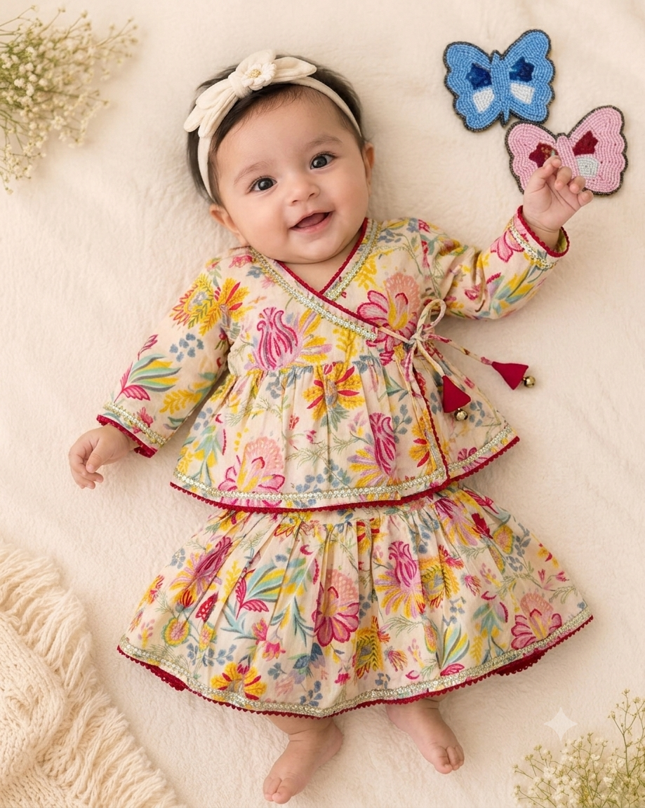 Pure Cotton Floral Print Angrakha Peplum with Ghaghra Set