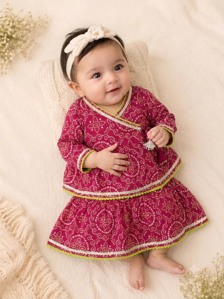 Pure Cotton Pink Bandhani Angrakha & Ghaghra Set