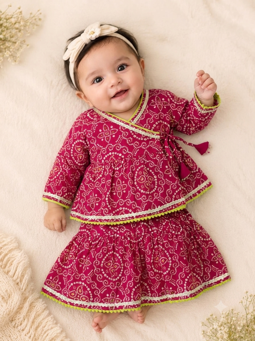 Pure Cotton Pink Bandhani Angrakha & Ghaghra Set