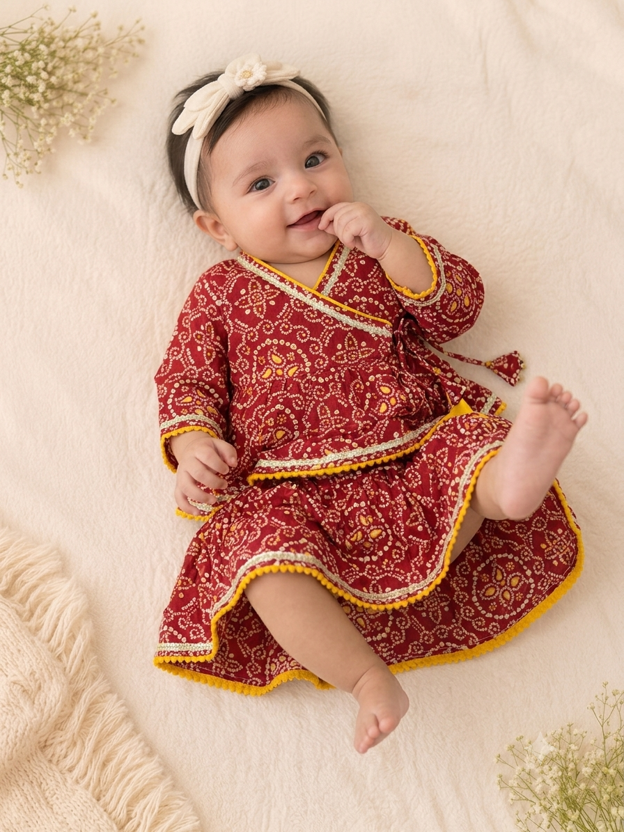 Pure Cotton Red Bandhani Angrakha & Ghaghra Set