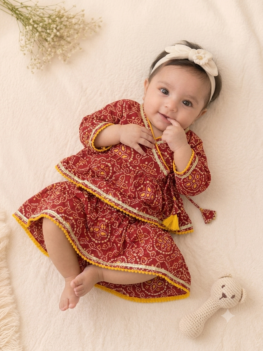 Pure Cotton Red Bandhani Angrakha & Ghaghra Set