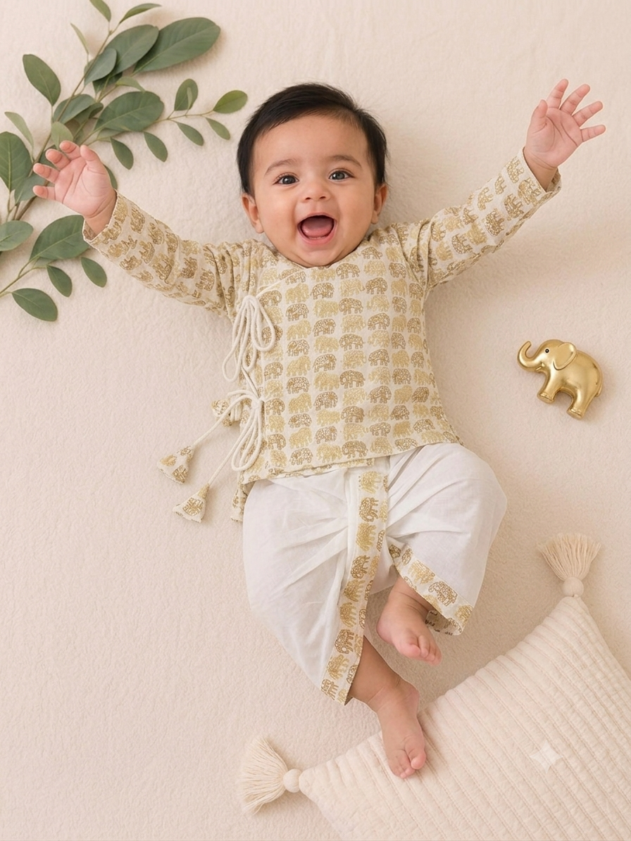 Pure Cotton Yellow Elephant Print Angrakha Dhoti Set for Baby Boys