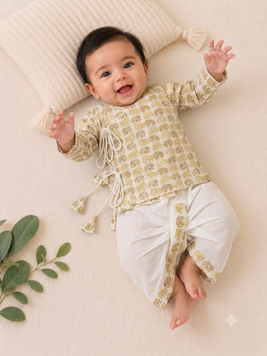 Pure Cotton Yellow Elephant Print Angrakha Dhoti Set for Baby Boys