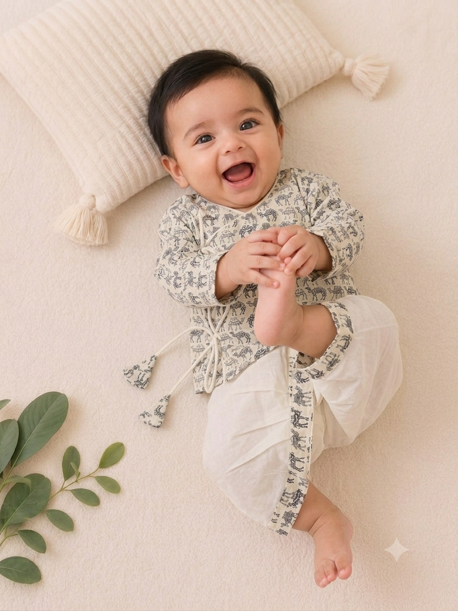 Pure Cotton Camel Print Angrakha Dhoti Set for Baby Boys