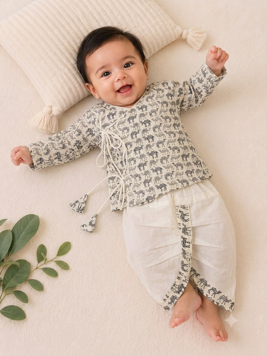 Pure Cotton Camel Print Angrakha Dhoti Set for Baby Boys