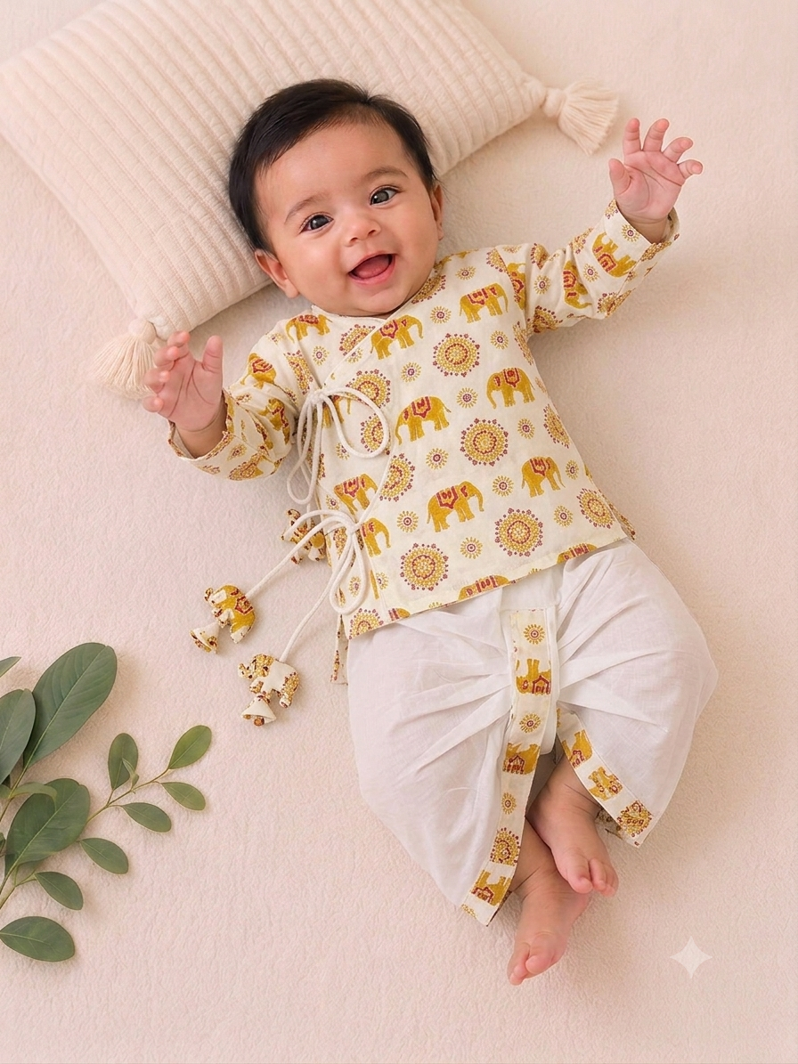 Pure Cotton Yellow Elephant Print Angrakha Dhoti Set for Baby Boys