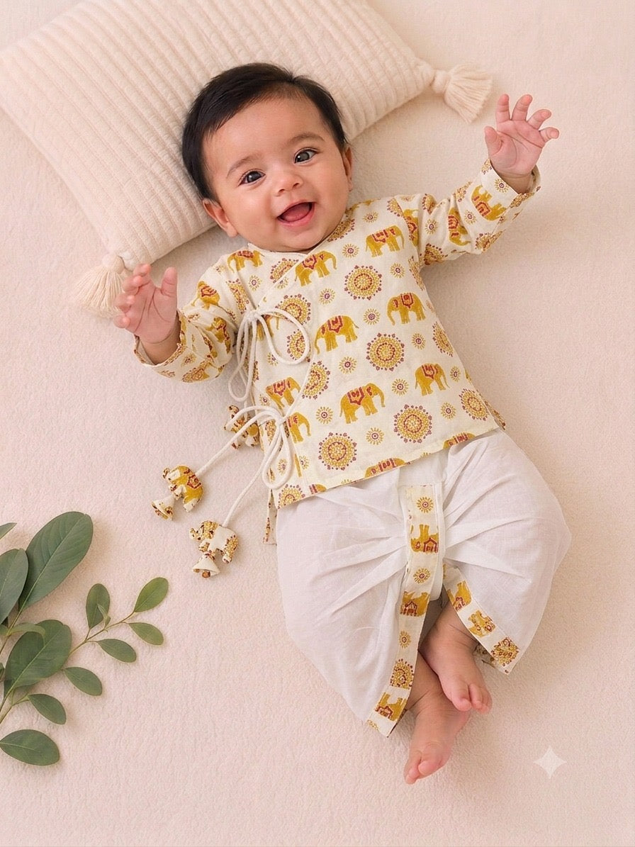 Pure Cotton Yellow Elephant Print Angrakha Dhoti Set for Baby Boys