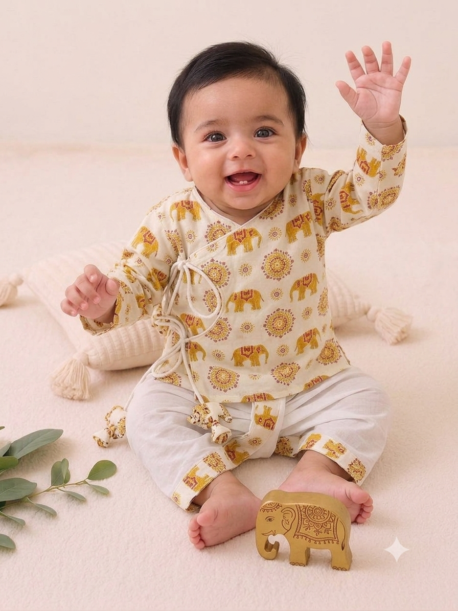 Pure Cotton Yellow Elephant Print Angrakha Dhoti Set for Baby Boys