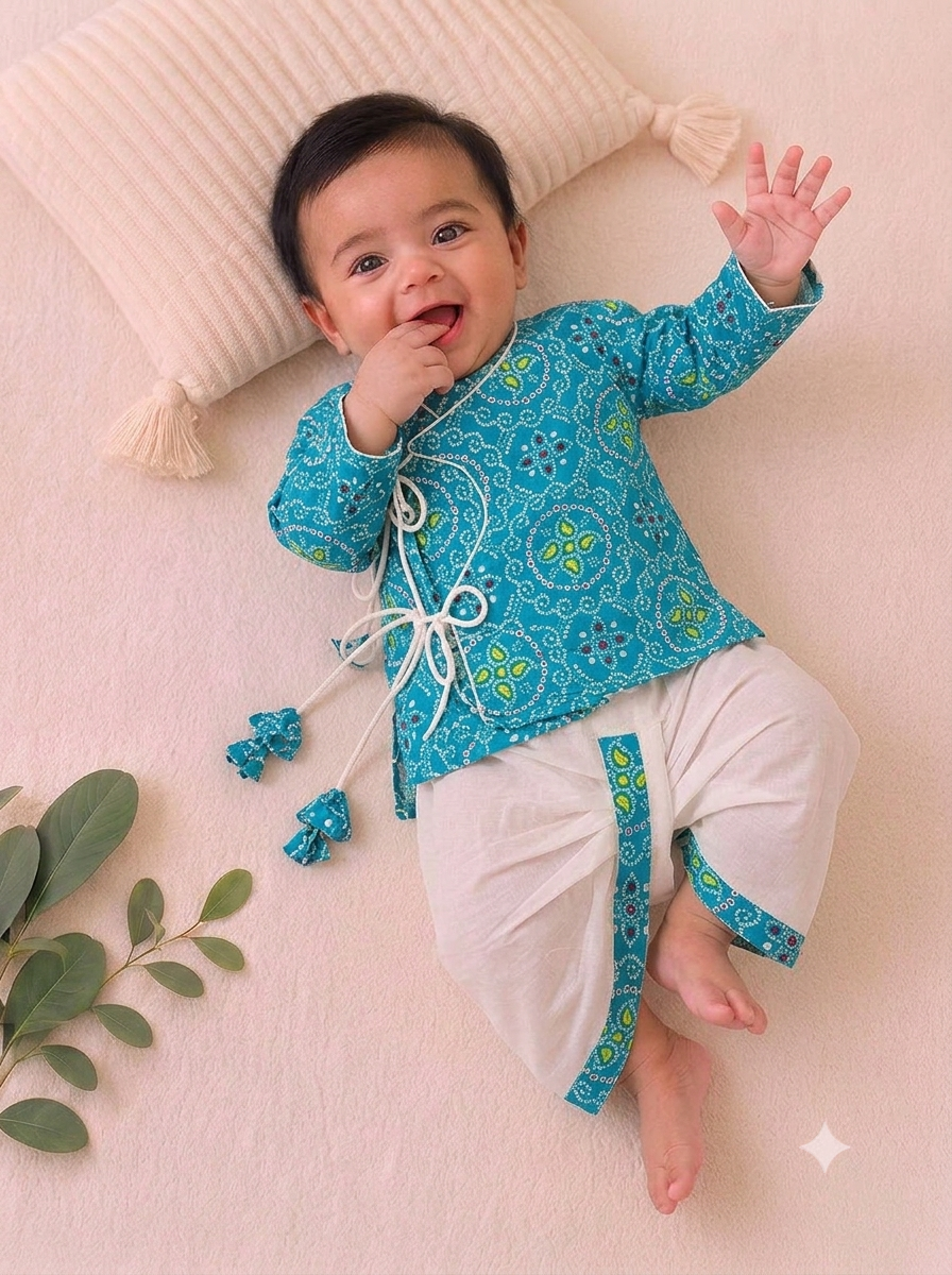 Pure Cotton Blue Bandhani Angrakha Set