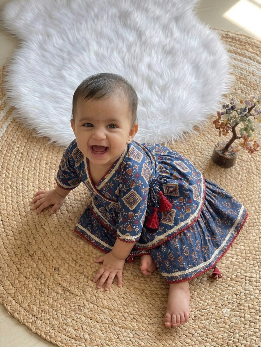 Pure Cotton Indigo Bandhani Angrakha Peplum with Ghaghra Set