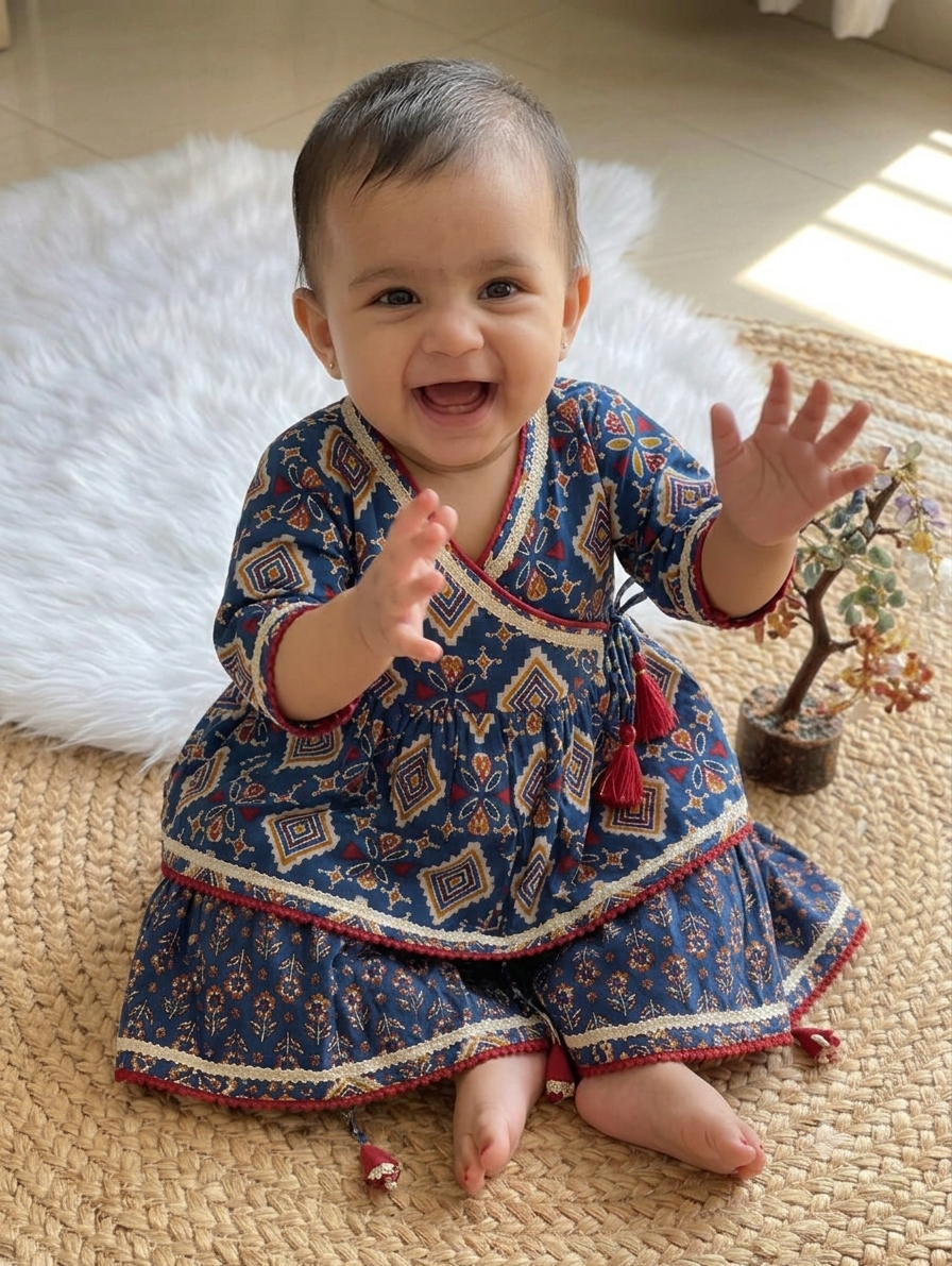 Pure Cotton Indigo Bandhani Angrakha Peplum with Ghaghra Set