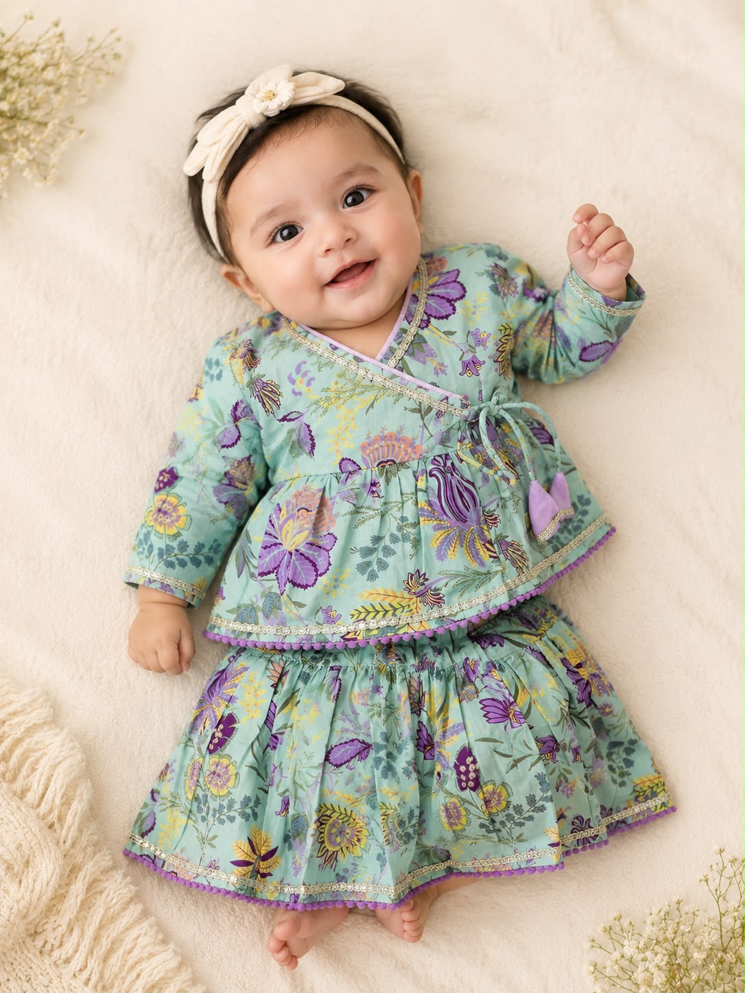 Pure Cotton Floral Print Angrakha Peplum with Ghaghra Set