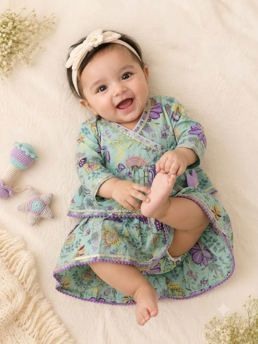 Pure Cotton Floral Print Angrakha Peplum with Ghaghra Set