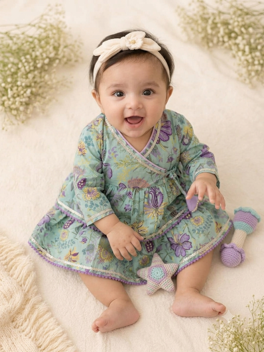 Pure Cotton Floral Print Angrakha Peplum with Ghaghra Set