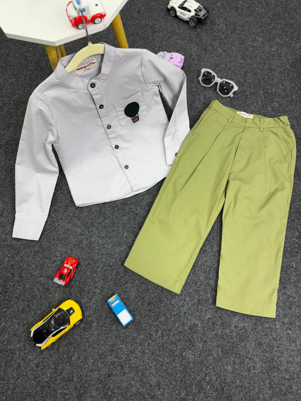 Cotton Poplin Co-ord set green pant & grey shirt