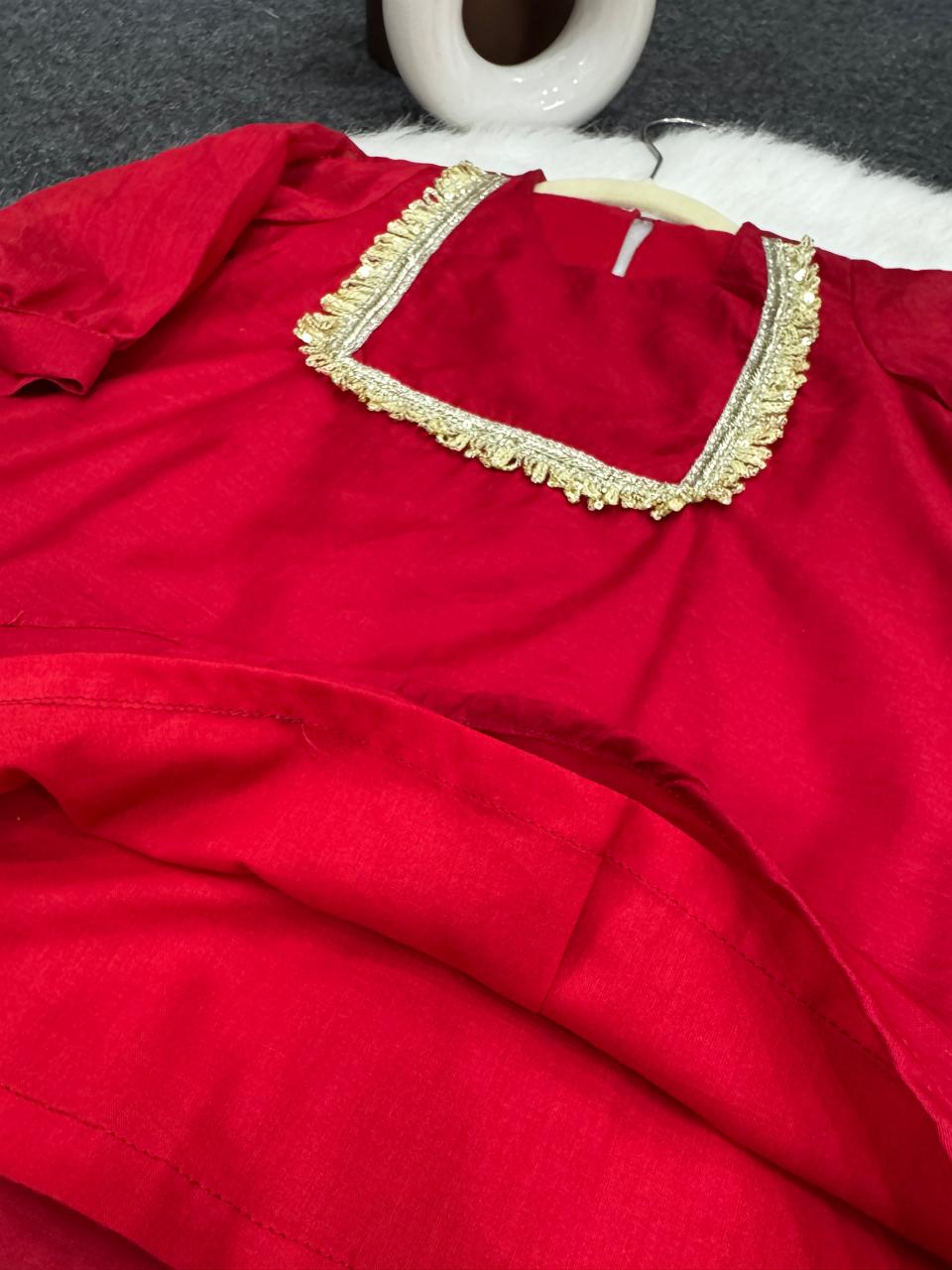 Red co-ord set with golden jhaler work on neck