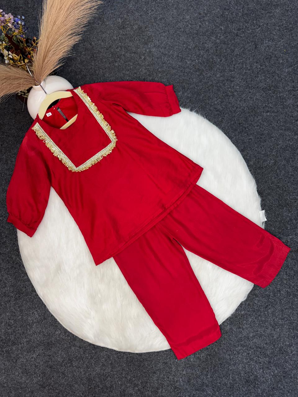 Red co-ord set with golden jhaler work on neck