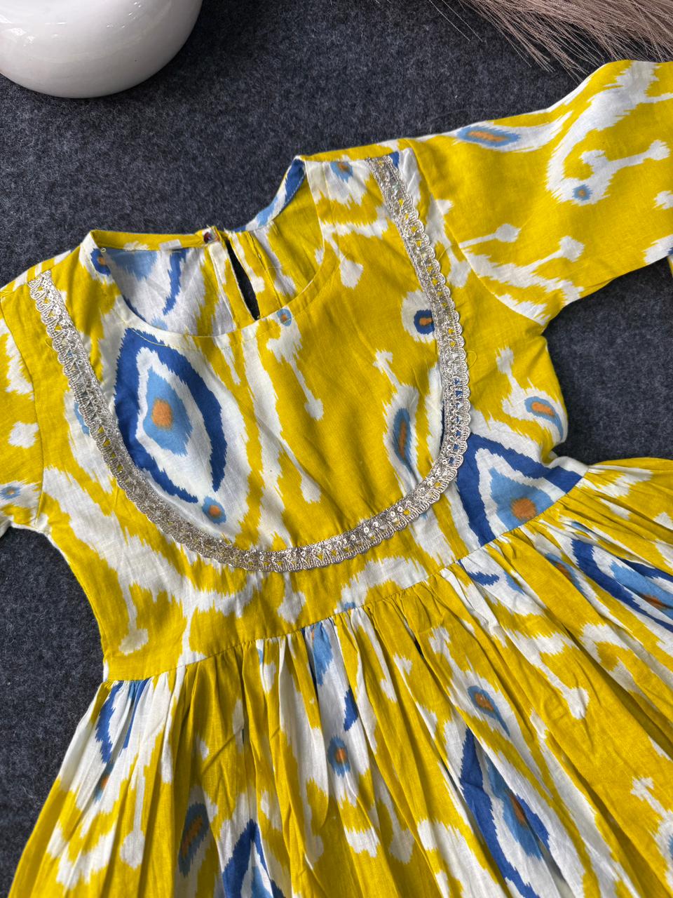 Yellow afghani with peplum lace work on neck