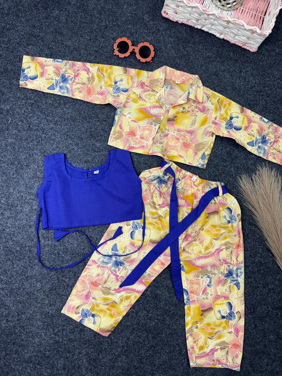 Cotton Three piece yellow top and pant with blue inner