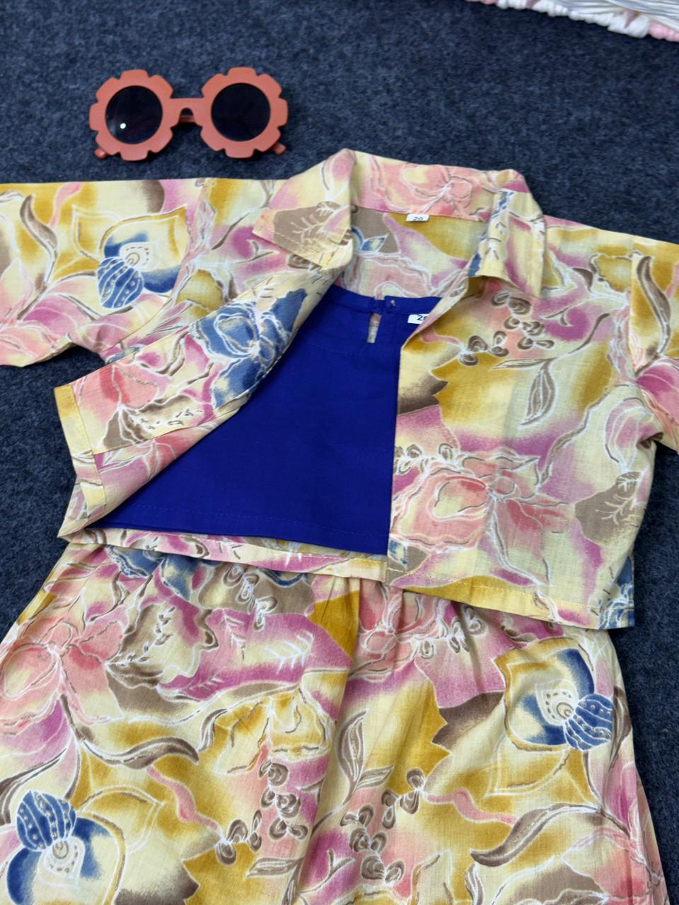 Cotton Three piece yellow top and pant with blue inner