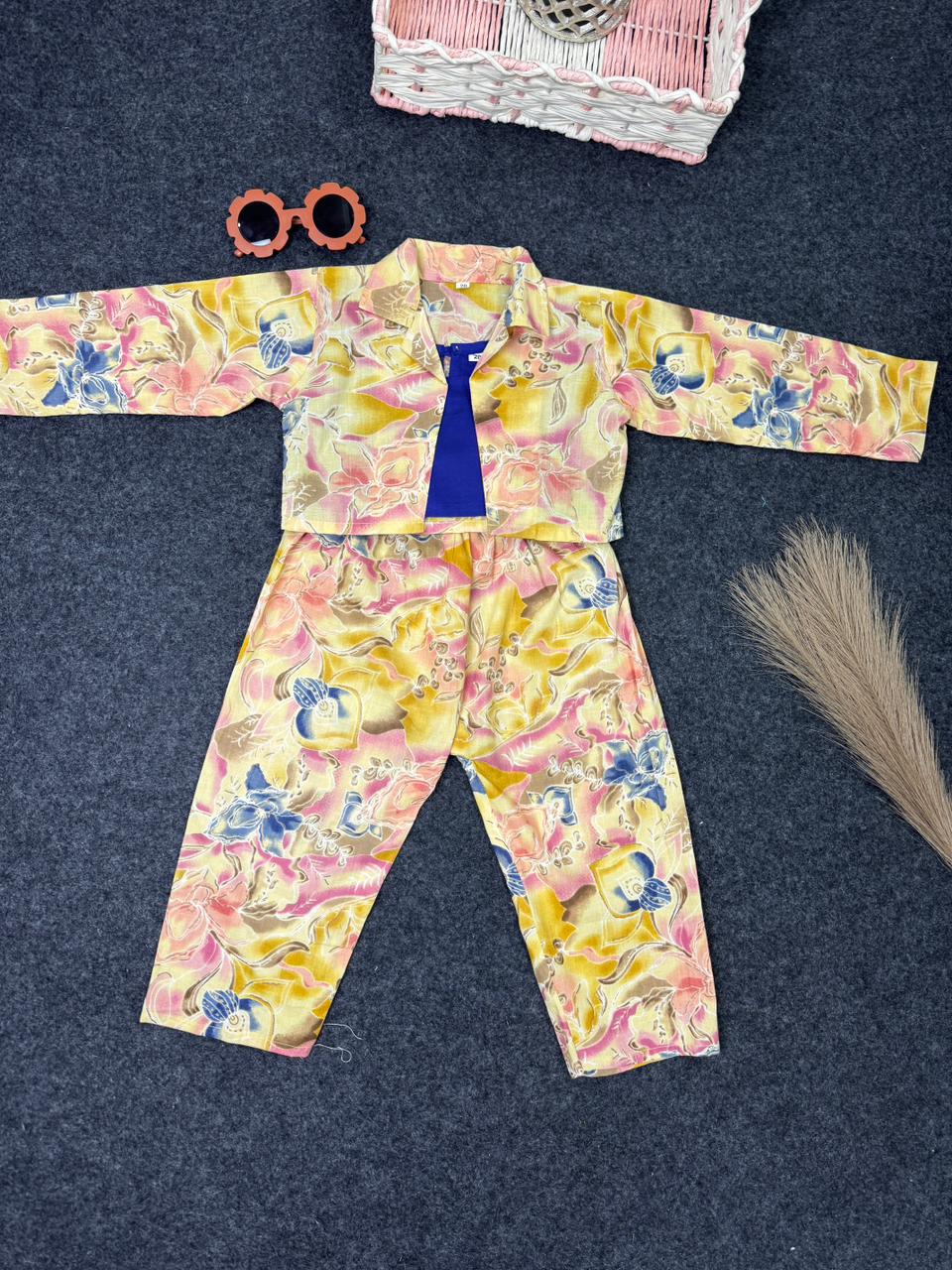 Cotton Three piece yellow top and pant with blue inner