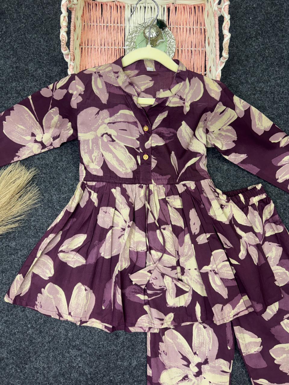 Cotton Purple co-ord set dori with white flower