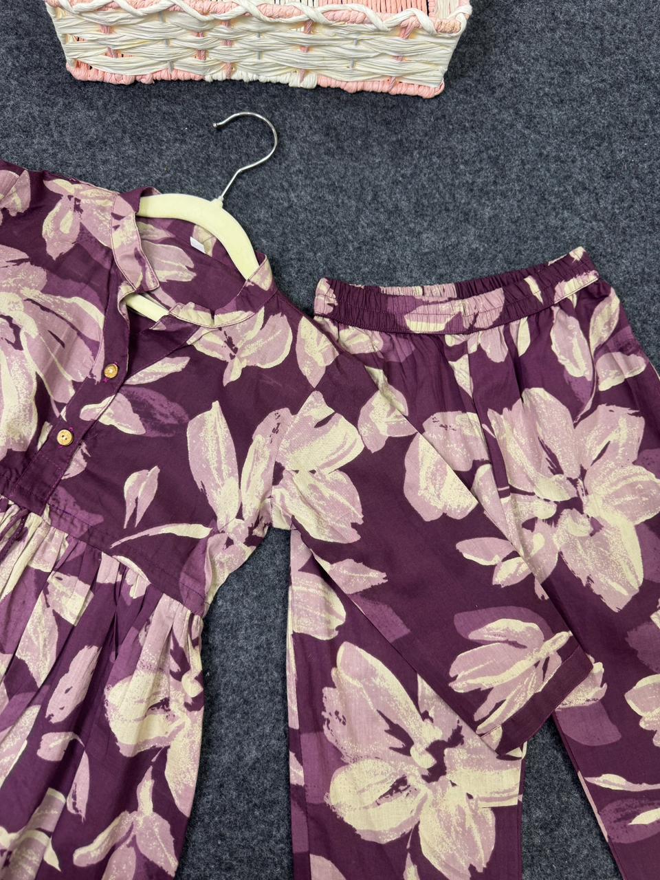 Cotton Purple co-ord set dori with white flower