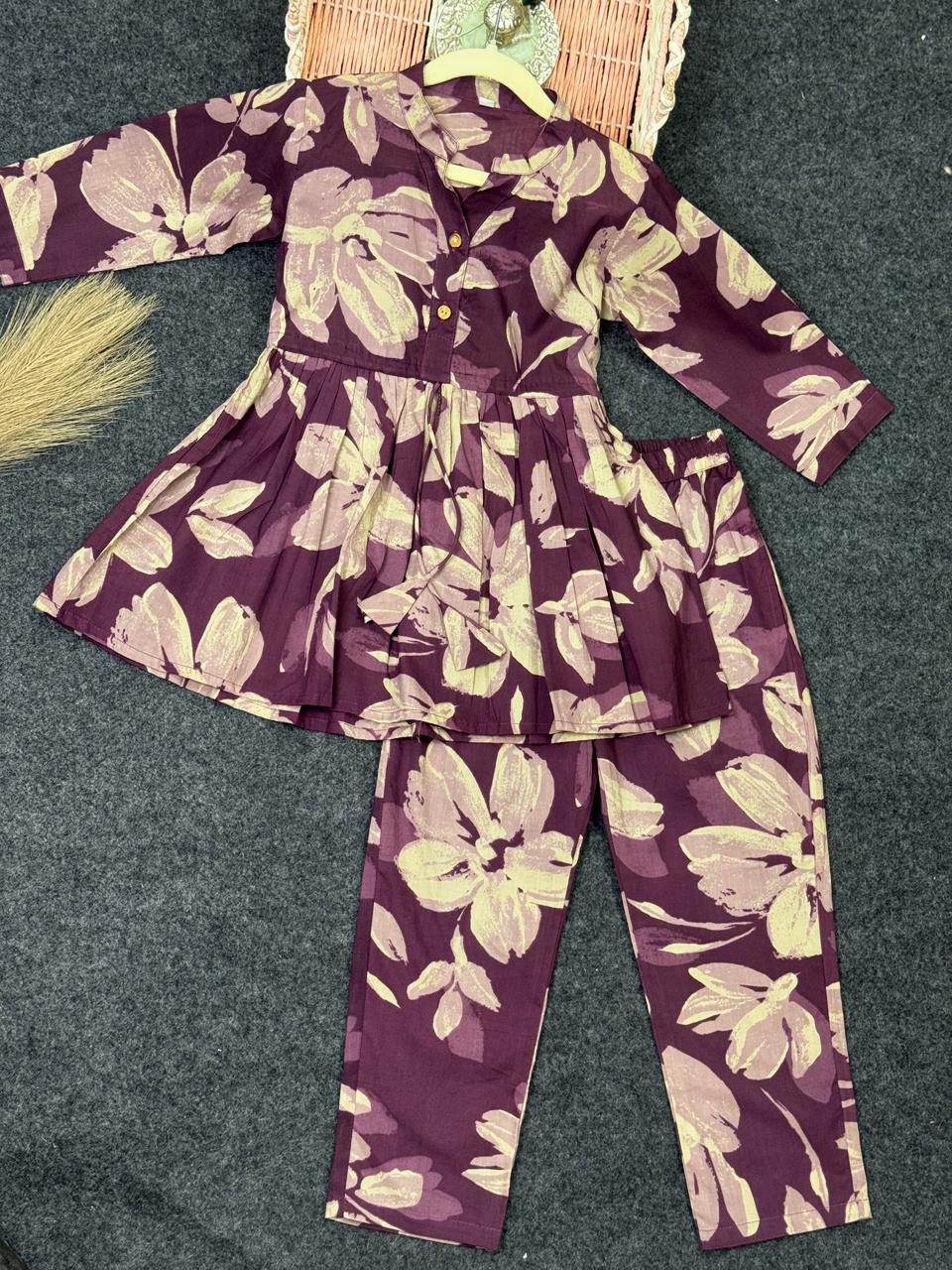 Cotton Purple co-ord set dori with white flower