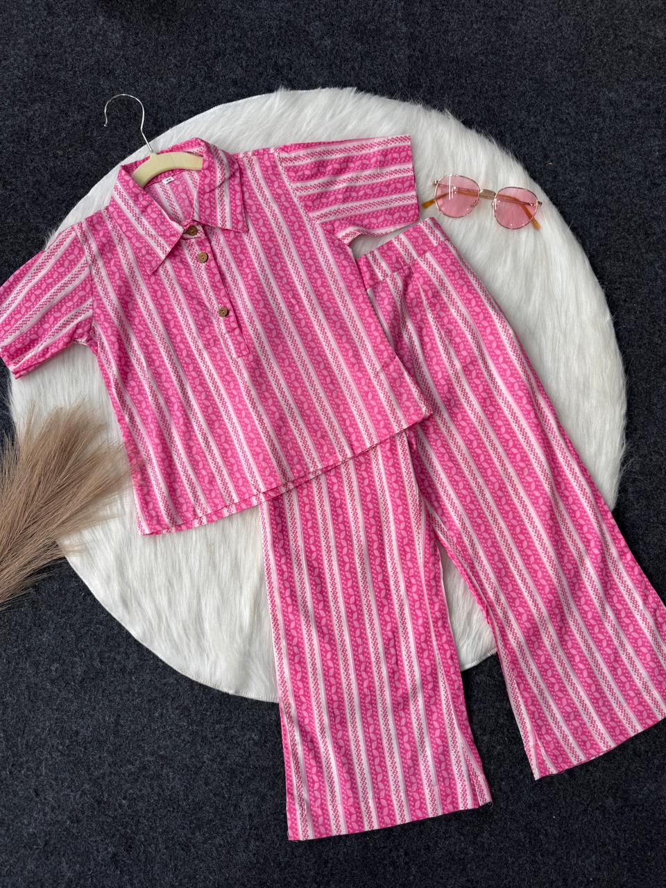 Cotton Pink and white half shirt co-ord set