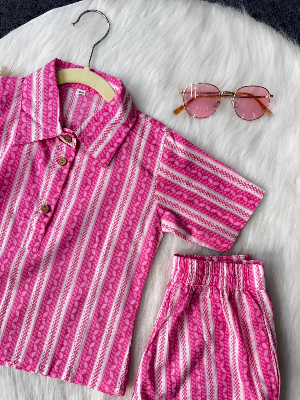 Cotton Pink and white half shirt co-ord set