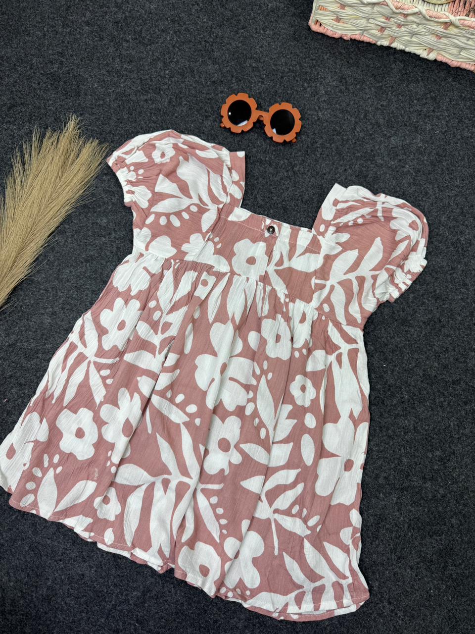 Muslin frock flower print dark pink