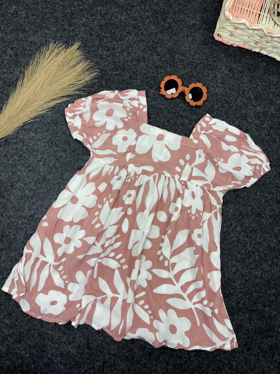 Muslin frock flower print dark pink